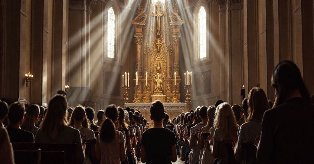 Grupa młodzieży modląca się w kaplicy katolickiej przed tabernakulum w tradycyjnym stylu