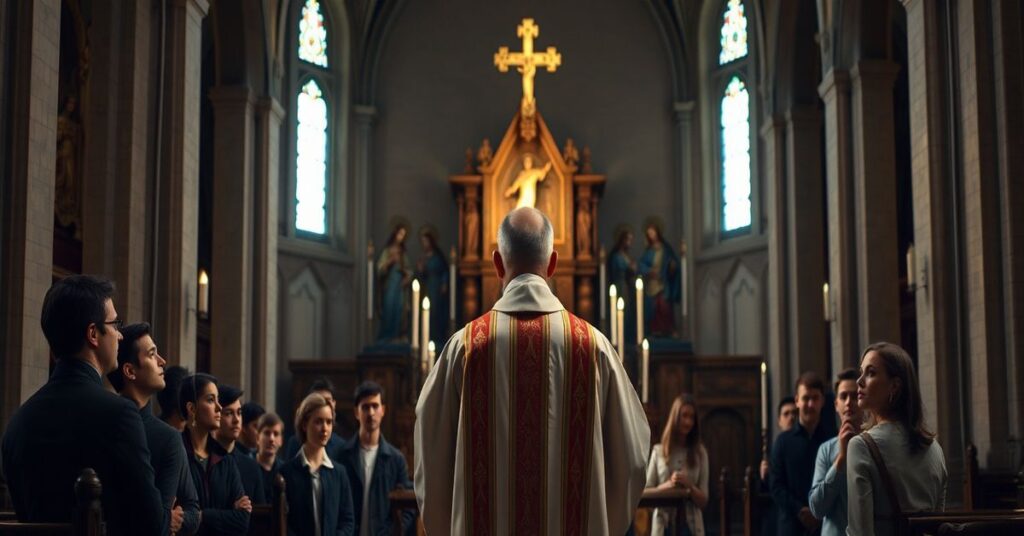 Wnętrze kościoła z kapłanem w tradycyjnych szatach liturgicznych i młodymi ludźmi słuchającymi jego kazań. Scena symbolizuje konflikt między współczesnymi wątpliwościami a tradycyjną wiarą.