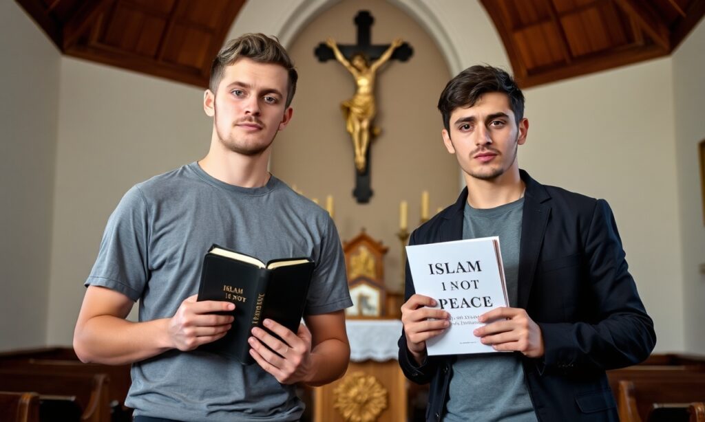 Dwaj młodzi mężczyźni Niko i Tino stoją w tradycyjnym kościele katolickim z Biblią i kopią swojego kontrowersyjnego filmu 'Islam nie jest pokojem'.