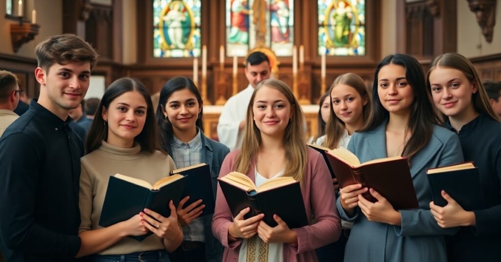 Grupa młodych ludzi trzymających Biblię przed tradycyjnym kościołem katolickim, w atmosferze zaufania i głębokiej wiary