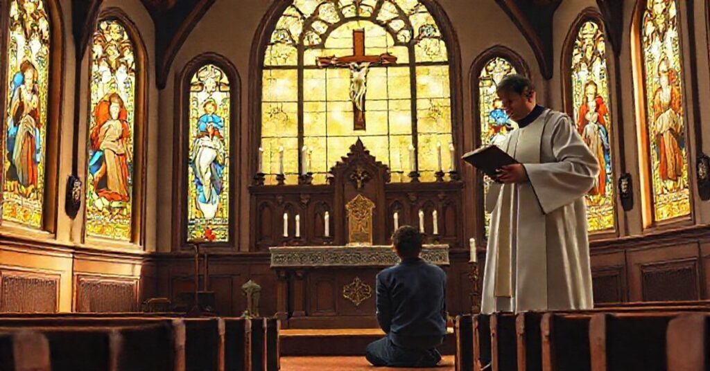 Młody student modli się w tradycyjnej kaplicy katolickiej przed ołtarzem z krzyżem i świecami.