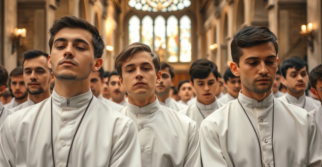 Zdjęcie młodych mężczyzn modlących się w tradycyjnej katolickiej świątyni, wyrażających autentyczną pobożność i krytykę modernistycznych tendencji w Kościele