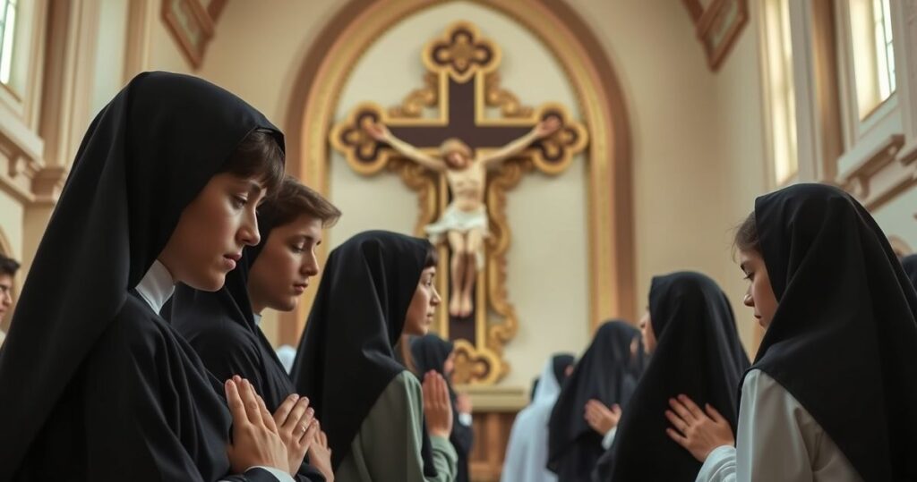 Młodzi katolicy modlą się w tradycyjnej świątyni, skupieni na Eucharystii, wyraz głębokiej wiary i pokory wobec Chrystusa Króla.