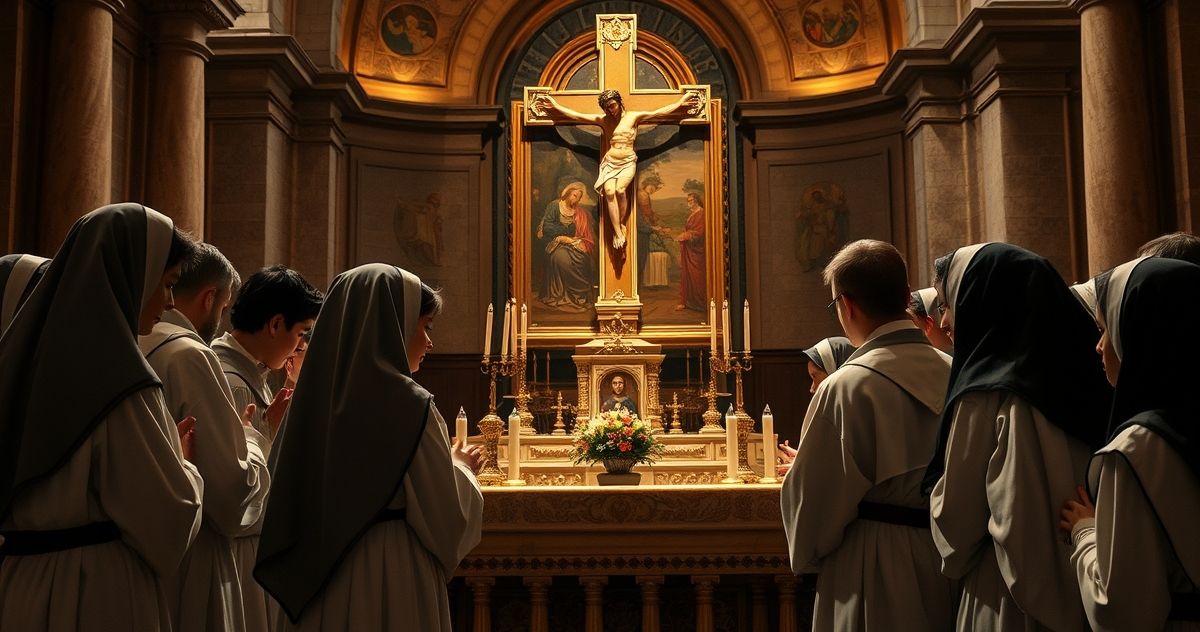 Młodzi katolicy modlący się w Rzymie przy krzyżu Młodzi katolicy w Rzymie modlący się przy ołtarzu z krzyżem, ukazujący pokorną i modlitewną postawę w historycznym, sakralnym tle