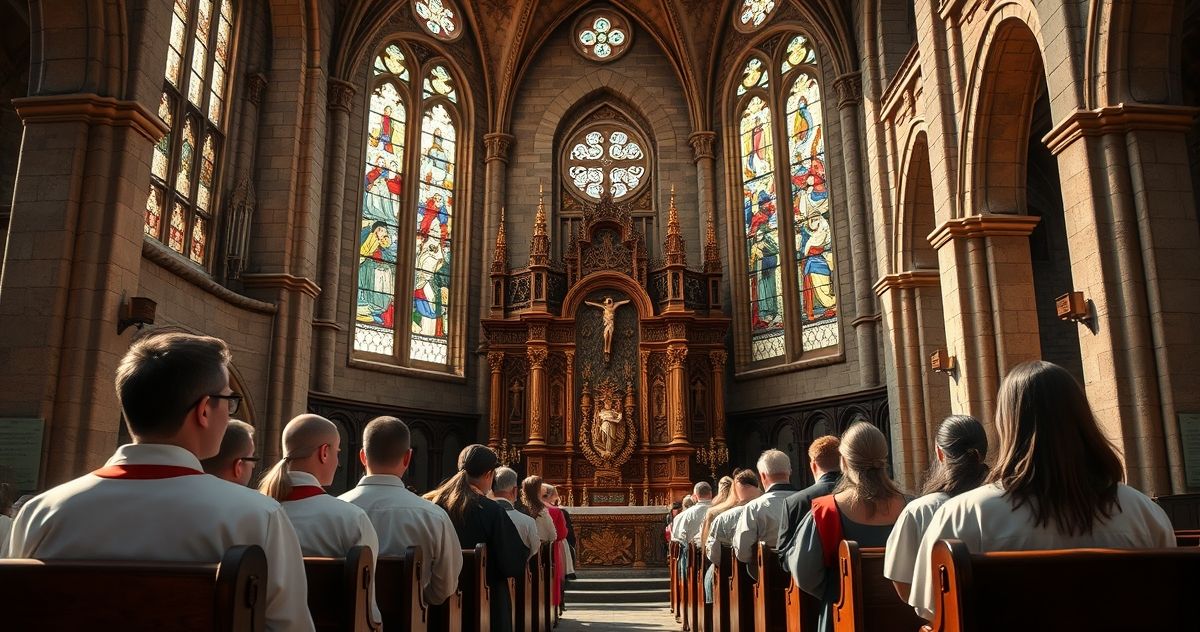 Młodzi katolicy modlący się w kościele przy ołtarzu z krucyfiksem, oddanie, tradycyjna liturgia, atmosfera sakralna, głęboka wiara.