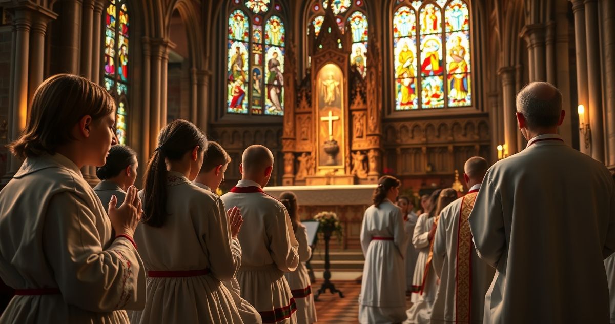 Młodzi katolicy modlą się w tradycyjnej świątyni, skupieni na modlitwie, w atmosferze głębokiej pobożności i szacunku dla katolickiej tradycji.