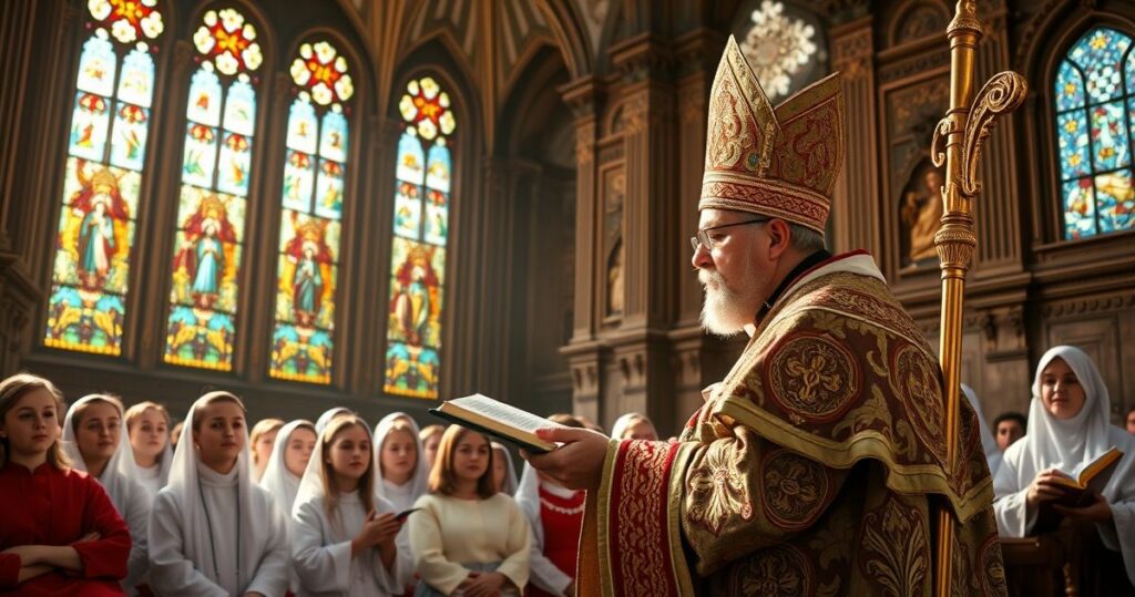 Realistyczne zdjęcie młodych katolików w tradycyjnych strojach słuchających biskupa podczas nabożeństwa w wielkiej świątyni, podkreślające ich wiarę i oddanie.