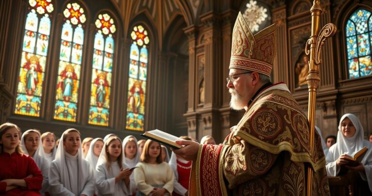 Realistyczne zdjęcie młodych katolików w tradycyjnych strojach słuchających biskupa podczas nabożeństwa w wielkiej świątyni, podkreślające ich wiarę i oddanie.