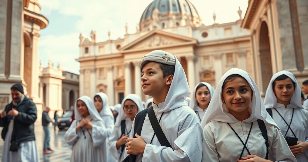 Rekolekcja młodych katolików w Rzymie, modlących się przed bazyliką, ukazująca ich duchowe zaangażowanie i pobożność w tradycyjnym katolickim stylu.