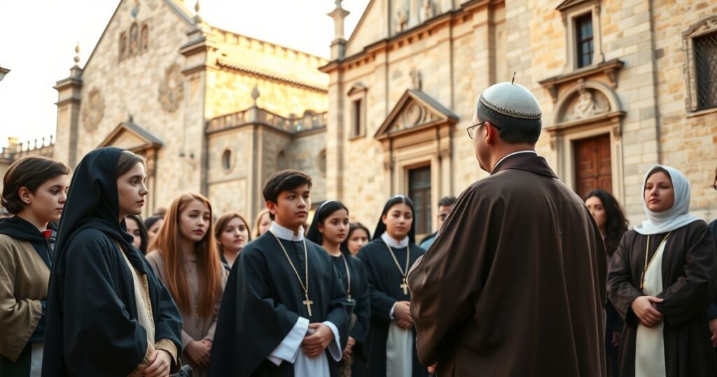 Realistyczne zdjęcie młodych ludzi w tradycyjnych strojach podczas religijnego spotkania na tle historycznego kościoła, ukazujące powagę i wiarę katolicką.