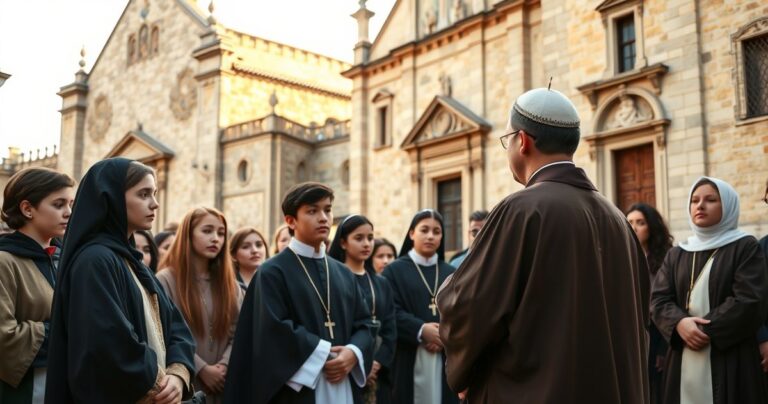 Realistyczne zdjęcie młodych ludzi w tradycyjnych strojach podczas religijnego spotkania na tle historycznego kościoła, ukazujące powagę i wiarę katolicką.