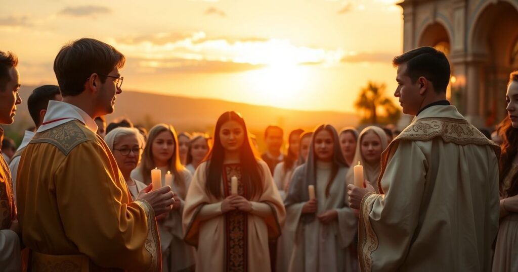 Fotografia realistyczna młodych katolików uczestniczących w tradycyjnej Mszy świętej na zewnątrz, podkreślająca pobożność i wspólnotę w duchu katolickiej tradycji.