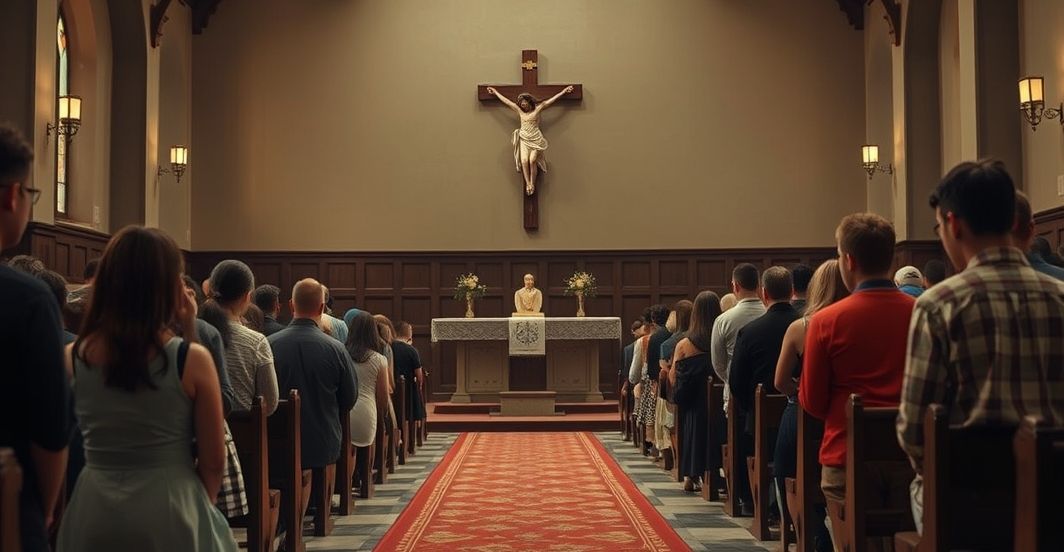 Zdjęcie młodych katolików modlących się w tradycyjnym kościele, wyrażających pokorę i refleksję nad krytyką współczesnej liturgii i duchowości