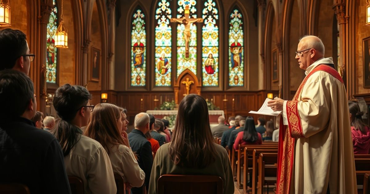 Więźni młodzi ludzie w tradycyjnym kościele podczas kazania o Chrystusie Królu, z ołtarzem, krucyfiksem i witrażami, ukazujące wierną i poważną atmosferę katolickiego nabożeństwa.