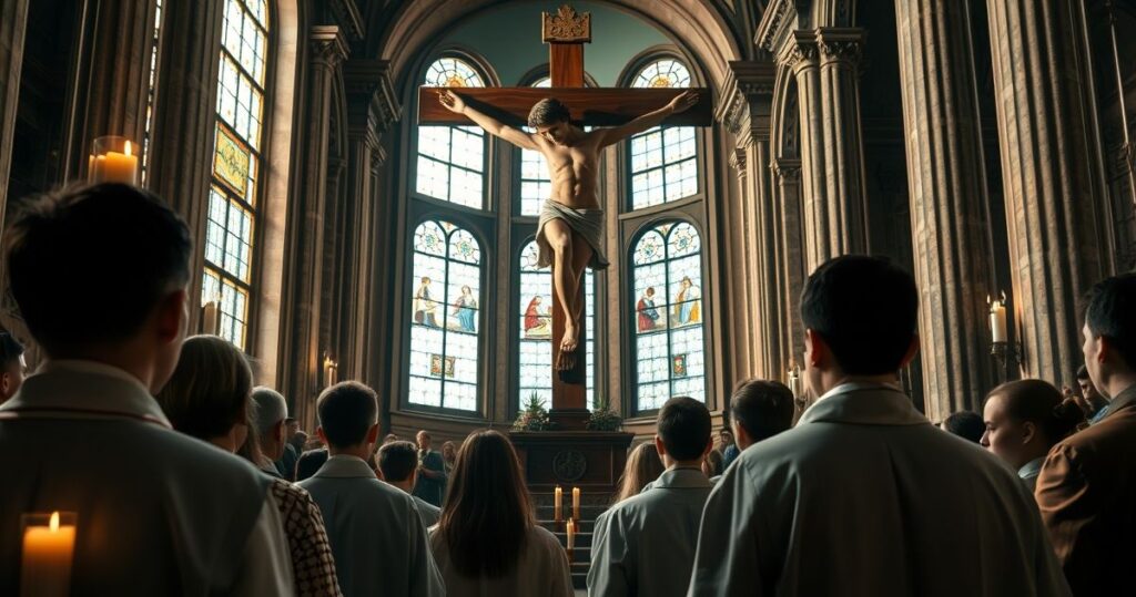 Realistyczne zdjęcie młodych Polaków modlących się przed dużym krzyżem podczas czuwania w Rzymie, ukazujące głęboką religijną emocję i szacunek w tradycyjnym katolickim kontekście.