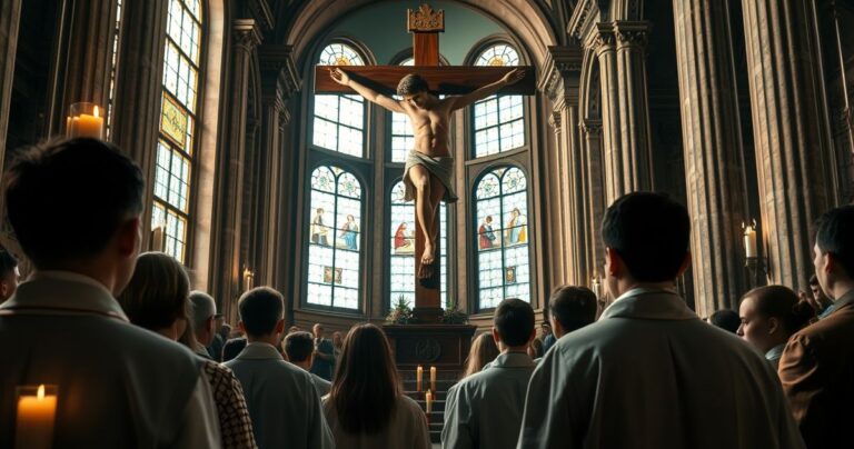Realistyczne zdjęcie młodych Polaków modlących się przed dużym krzyżem podczas czuwania w Rzymie, ukazujące głęboką religijną emocję i szacunek w tradycyjnym katolickim kontekście.