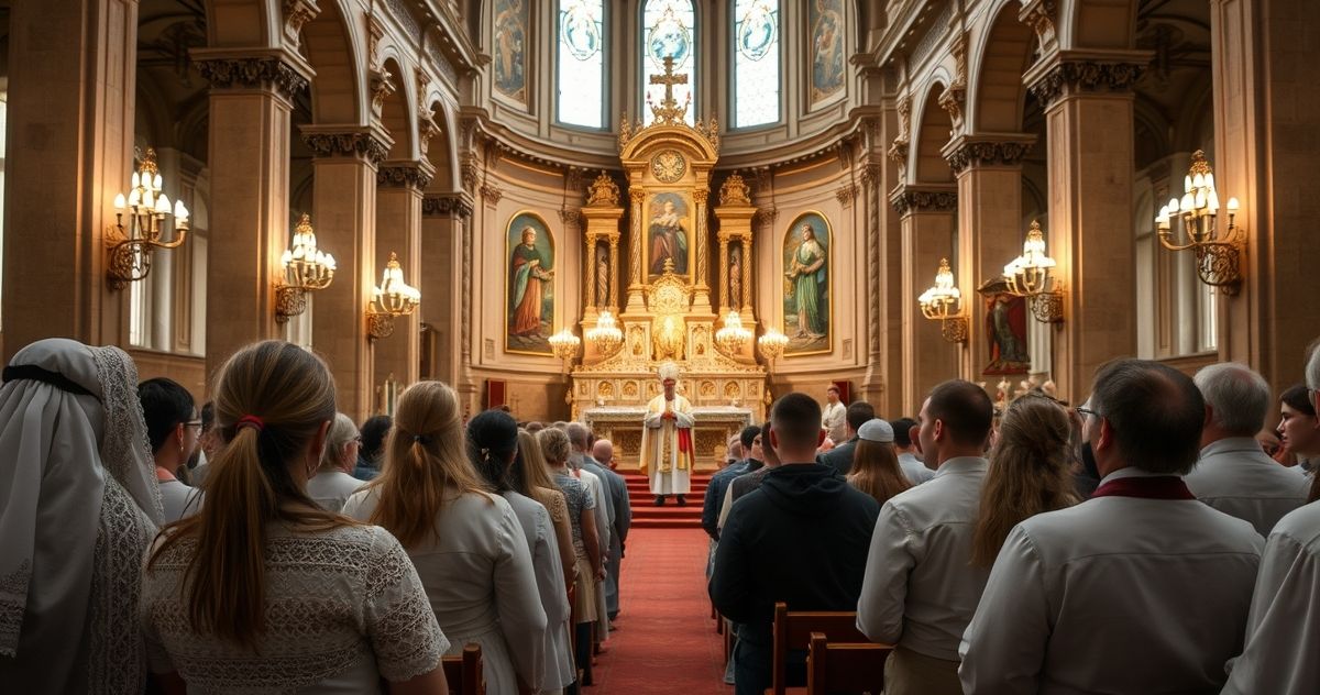 Młodzi Polacy na Mszy w tradycyjnym kościele - obraz pobożności katolickiej Grupa młodych katolików polskich w tradycyjnych strojach podczas Mszy świętej w pięknym, klasycznym kościele, skupieni na modlitwie i adoracji, ukazując głęboką pobożność i wierność katolickim wartościom.