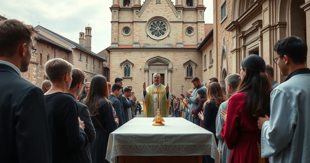 Zdjęcie realistyczne młodych ludzi uczestniczących w tradycyjnej Mszy świętej na zewnątrz, z kapłanami w stroju liturgicznym, w otoczeniu historycznej architektury kościelnej, ukazujące powagę i wiarę w katolickim duchu.
