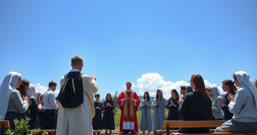 Młodzi ludzie modlący się podczas katolickiej mszy na zewnątrz w Medziugoriu, z duchownym w tradycyjnym stroju, oddający atmosferę głębokiej wiary i modlitwy.