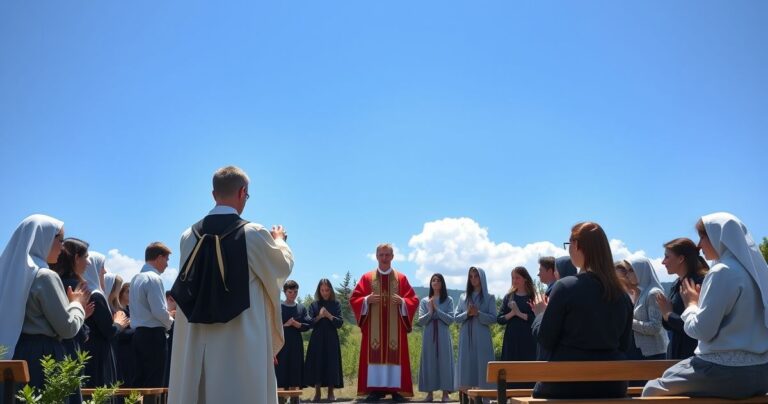 Młodzi ludzie modlący się podczas katolickiej mszy na zewnątrz w Medziugoriu, z duchownym w tradycyjnym stroju, oddający atmosferę głębokiej wiary i modlitwy.