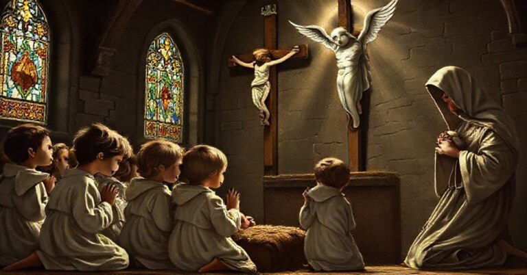 Sobór tradycyjny katolicki z przedstawieniem Młodzianków Betlejemskich modlących się w białych szatach przed krucyfiksem z aniołami na tle. Scena jest cicha i urocza.