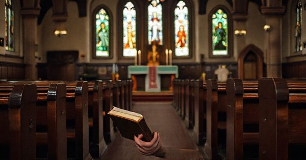 Młodzieniec modli się w tradycyjnym kościele irlandzkim podczas Mszy świętej w obrzędzie łacińskim, otoczony witrażami przedstawiającymi świętych. Scena symbolizuje dylemat między pozorami odrodzenia religijnego a głęboką tradycją katolicką.