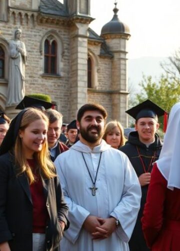 Młodzież akademicka na pielgrzymce w Jasnej Górze - brak sakramentalnego wymiaru Grupa młodych akademików na pielgrzymce w Jasnej Górze, rozmyślająca nad swoim powołaniem w tradycyjnym katolickim otoczeniu.