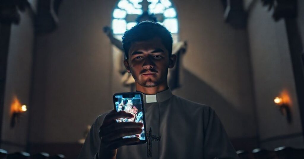 Młody mężczyzna w tradycyjnym kościele katolickim z telefonem pokazującym dezinformację cyfrową i statuą Chrystusa Króla.
