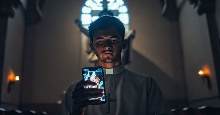 Młody mężczyzna w tradycyjnym kościele katolickim z telefonem pokazującym dezinformację cyfrową i statuą Chrystusa Króla.