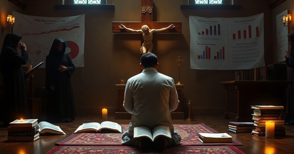 Tradycyjny katolicki scenariusz przedstawiający zmartwychwstanie Chrystusa i katolicką młodzież modląca się przed krucyfiksem