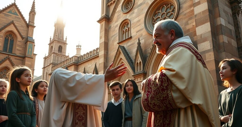 Grupa młodych katolików modlących się przed kościołem, duchowny błogosławi ich, ukazując głęboką wiarę i duchowe zaangażowanie