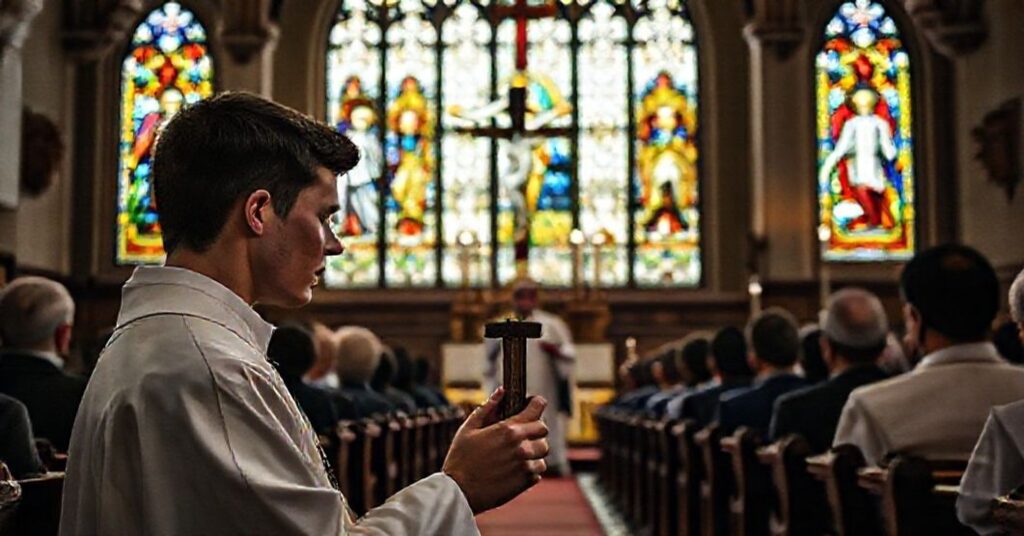 Młodzież katolicka modli się podczas tradycyjnej Mszy św. w kościele z witrażami przedstawiającymi Chrystusa Króla.
