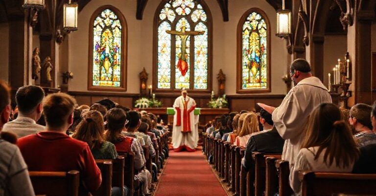 Grupa młodzieży w tradycyjnym kościele słuchająca kazania z ambony. Scena wypełniona jest elementami sakralnymi: rzeźbami świętych, krzyżami i świecami.