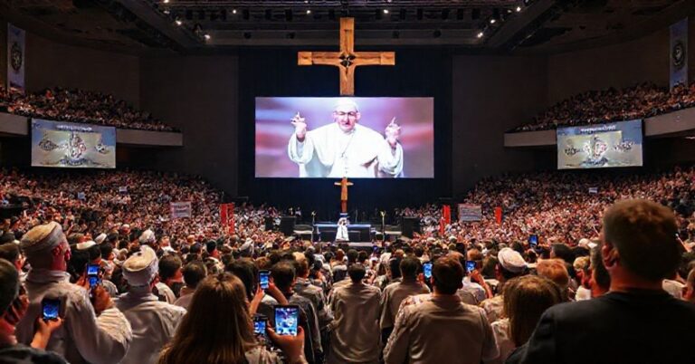 Zbieranie młodzieży katolickiej na konferencji w Indianapolis w 2025 roku podczas wirtualnej wizyty uzurpatora Leona XIV.