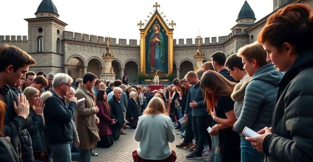Grupa młodzieży modli się przed obrazem Matki Boskiej Jasnogórskiej w tradycyjnym katolickim stylu.