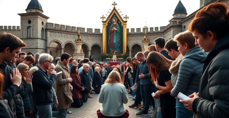 Grupa młodzieży modli się przed obrazem Matki Boskiej Jasnogórskiej w tradycyjnym katolickim stylu.