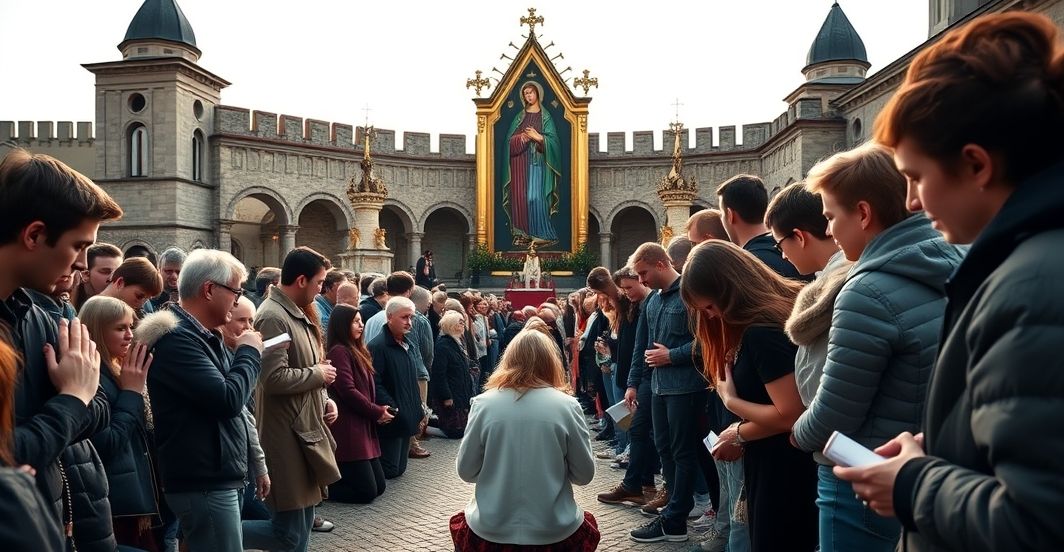 Grupa młodzieży modli się przed obrazem Matki Boskiej Jasnogórskiej w tradycyjnym katolickim stylu.
