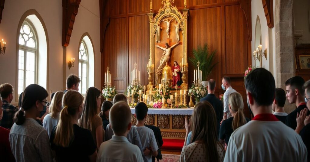 Grupa młodzieży modląca się przed ołtarzem podczas Wielkiej Nocy w Oblęgorku lub Wiślicy, otoczona świętymi symbolami Wielkanocy i tradycyjnymi przedmiotami religijnymi.