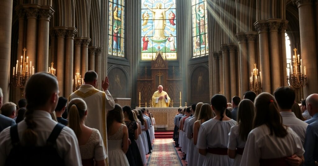 Młodzież uczestnicząca w katolickiej Mszy Świętej w gotyckiej katedrze z podniesieniem Hostii przez kapłana w tradycyjnych szatach liturgicznych