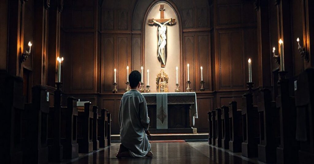 Religijna scena z młodzieżą modlącą się przed ołtarzem, symbolizująca walkę duchową z nowoczesnymi pokusami w kościele