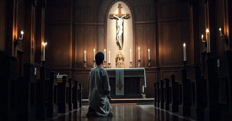 Religijna scena z młodzieżą modlącą się przed ołtarzem, symbolizująca walkę duchową z nowoczesnymi pokusami w kościele