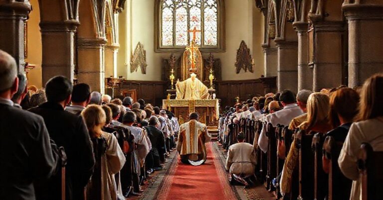 Tradycyjna msza święta w irlandzkim kościele z młodymi wiernymi modlącymi się w pokucie.