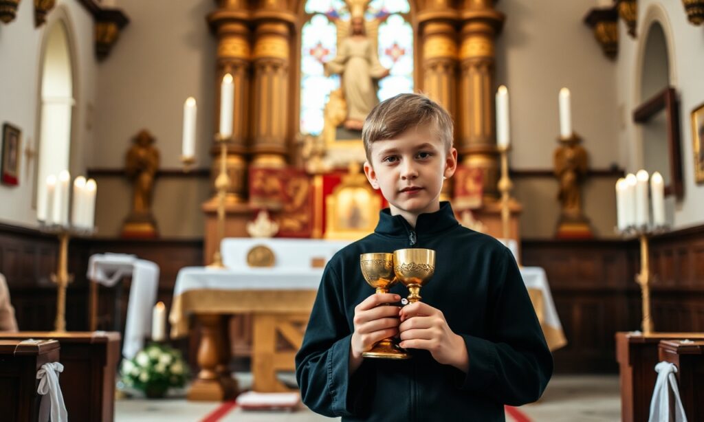 Młody chłopiec w czasie sakramentu bierzmowania w kościele w Jabłonce-Borach