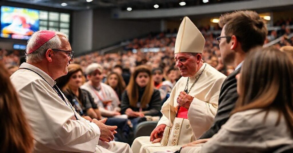 Młodzi katolicy podczas dialogu z antypapieżem Leonem XIV na konferencji młodzieżowej w Indianapolis.