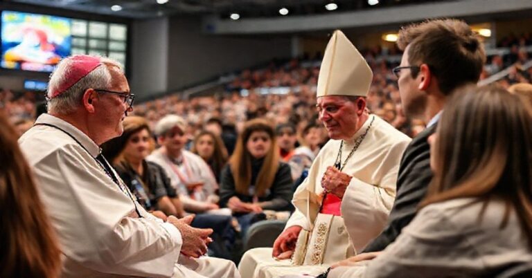 Młodzi katolicy podczas dialogu z antypapieżem Leonem XIV na konferencji młodzieżowej w Indianapolis.
