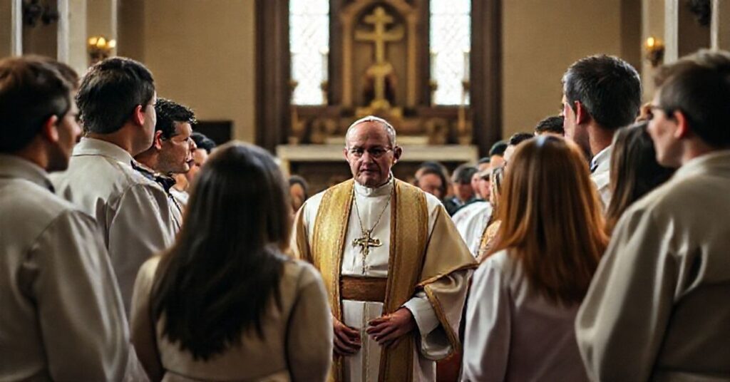 Grupa młodzieży w tradycyjnym kościelnym wnętrzu rozmawiająca z uzurpatorem ubranym w papieski strój podczas Narodowej Konferencji Młodzieży Katolickiej w Indianapolis.