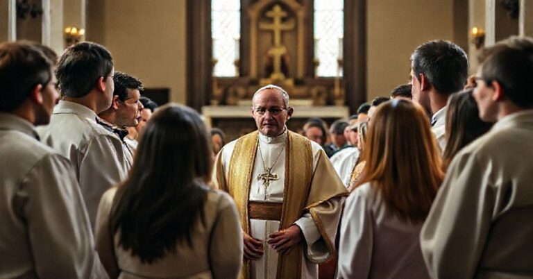 Grupa młodzieży w tradycyjnym kościelnym wnętrzu rozmawiająca z uzurpatorem ubranym w papieski strój podczas Narodowej Konferencji Młodzieży Katolickiej w Indianapolis.