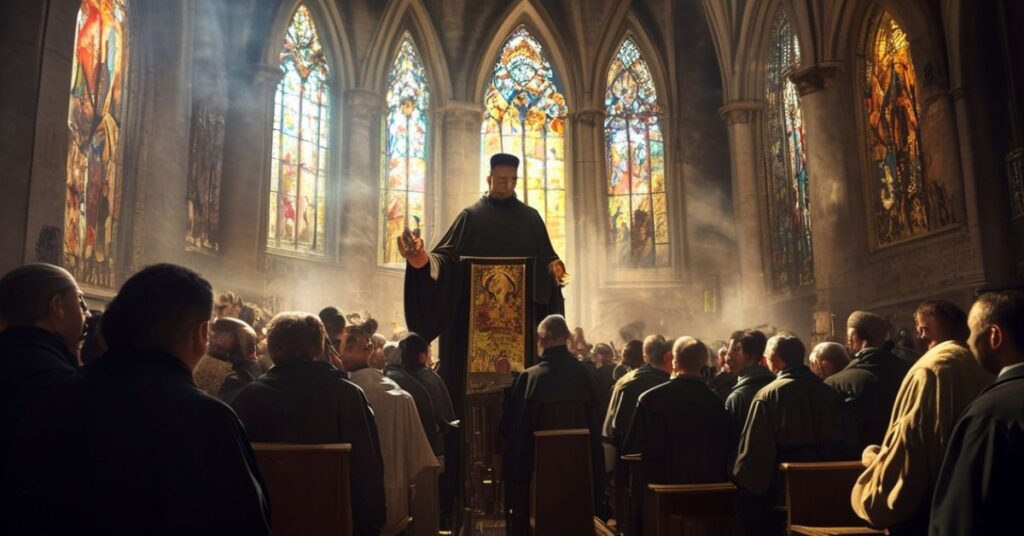 Tradycyjna msza katolicka w starożytnej kaplicy z kapłanem w tradycyjnych szatach liturgicznych otoczonym młodymi ludźmi w skromnym ubiorze.