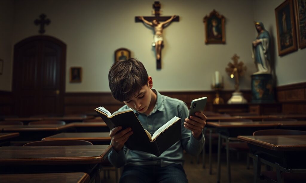 Młodzież w tradycyjnym katolickim klasie modli się o przebaczenie za oszustwa na egzaminach