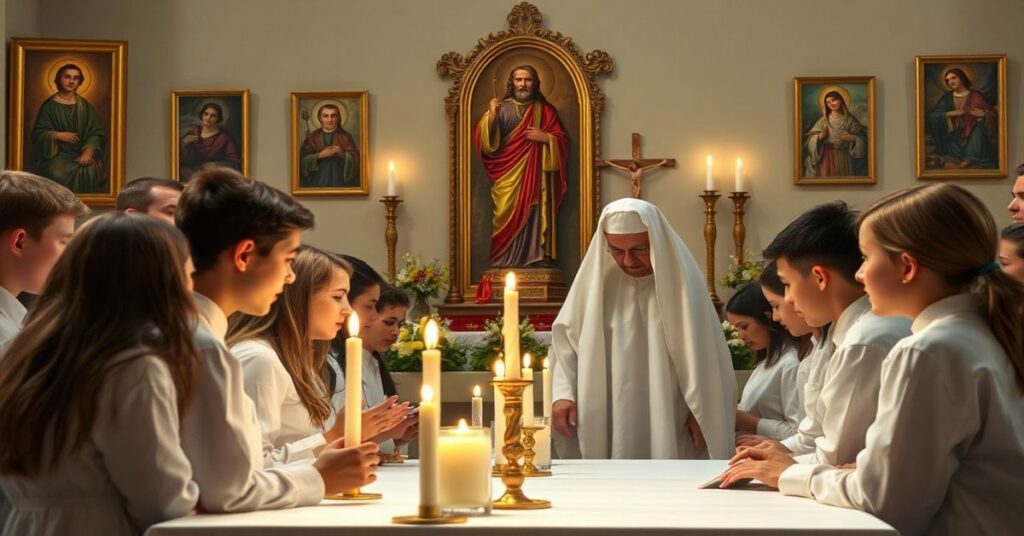 Grupa młodzieży uczestnicząca w tradycyjnym katolickim konkursie w Pelplinie